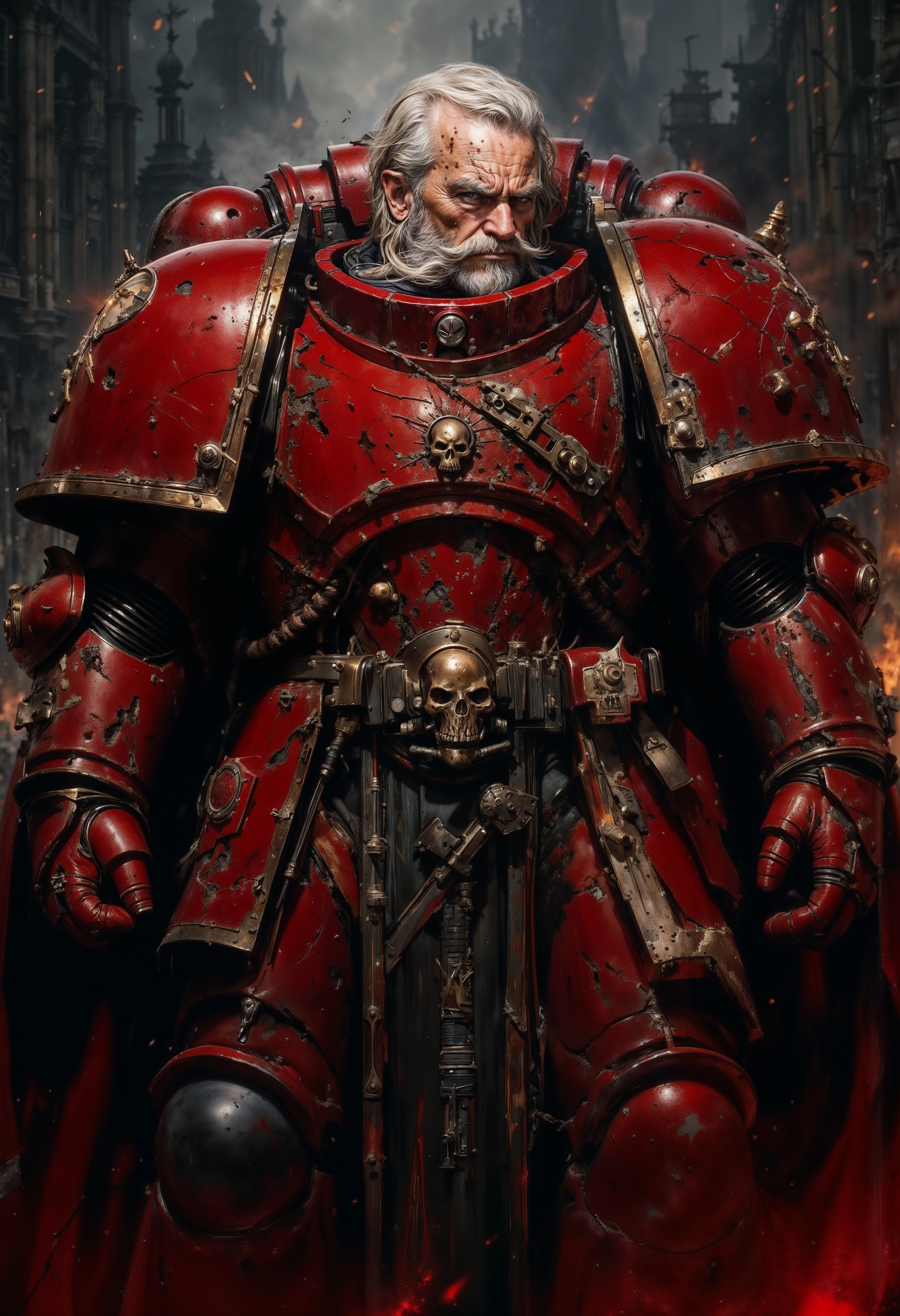 close up portrait, Highly detailed and realistic fantasy character in a dramatic shot. Epic cinematic depiction of a very old Paladin in full BloodA40K red power armor. He is bearded and his hair is going grey.  <lora:FluxBloodA40K:1>  <lora:FluxMythP0rtr4itStyle:0.5>  <lora:sxz-Dark-Fantasy-v2-Flux:0.5>  <lora:flux_realism_lora:0.8>