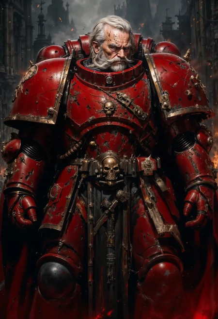 close up portrait, Highly detailed and realistic fantasy character in a dramatic shot. Epic cinematic depiction of a very old Paladin in full BloodA40K red power armor. He is bearded and his hair is going grey. <lora:FluxBloodA40K:1> <lora:FluxMythP0rtr4itStyle:0.5> <lora:sxz-Dark-Fantasy-v2-Flux:0.5> <lora:flux_realism_lora:0.8>