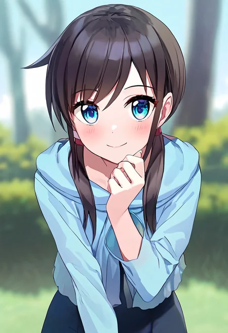 blurred background,
smile,
looking at viewer,
solo,
ayumi,
standing,
masterpiece,best quality,good quality,newest,