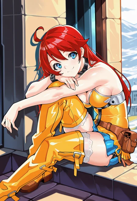 masterpiece, best quality, high quality, anime, <lora:AEMegIlx:0.9>
AEMegDef, blue eyes, red hair, long hair, ahoge, black collar, bare shoulders, yellow camisole, belt, belt pouch, blue skirt, miniskirt, thigh boots, fringe trim, brown footwear,
smile, sitting, head rest, hugging own leg, outstretched leg,