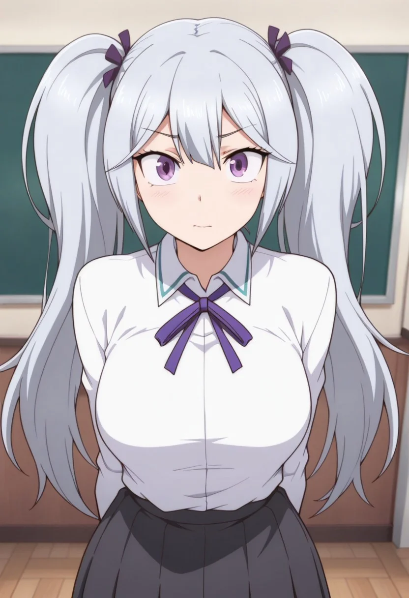masterpiece,best quality,amazing quality, sakai tama, purple eyes, long hair, grey hair, twintails, 1girl, solo, ribbon, purple ribbon, neck ribbon, school uniform, arms behind back, looking at viewer, indoors, closed mouth, shirt, collared shirt, long sleeves