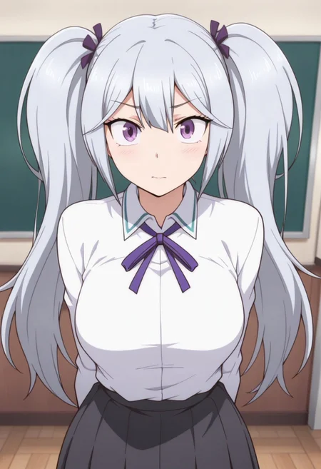 masterpiece,best quality,amazing quality, sakai tama, purple eyes, long hair, grey hair, twintails, 1girl, solo, ribbon, purple ribbon, neck ribbon, school uniform, arms behind back, looking at viewer, indoors, closed mouth, shirt, collared shirt, long sleeves