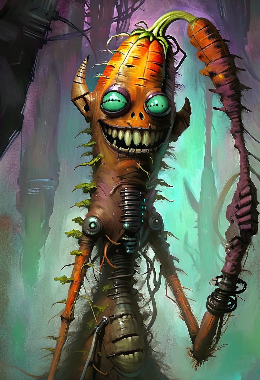 w4rh4mm3r style oil painting, grimdark, cybernetic , 
tall creepy carrot man monster, lascivious smile