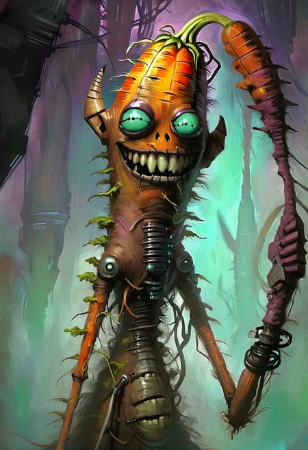 w4rh4mm3r style oil painting, grimdark, cybernetic , 
tall creepy carrot man monster, lascivious smile