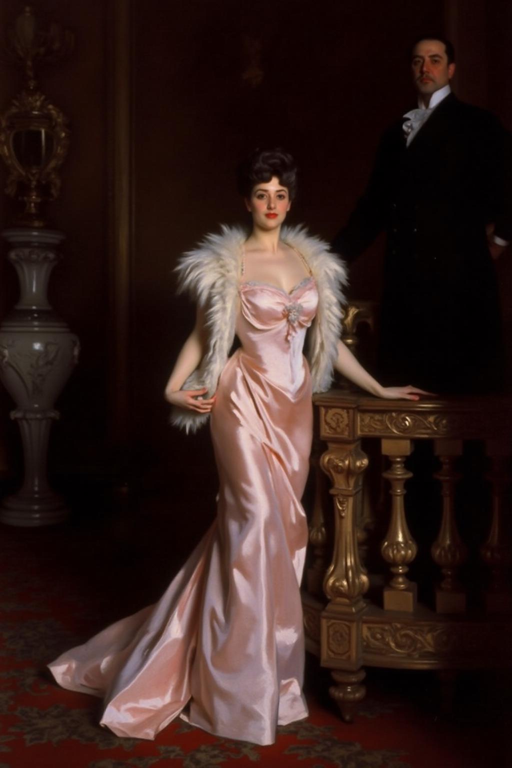 johnss1 painting.
A sophisticated woman and man in an opulent, ornate setting, standing on a staircase. The woman, positioned in the foreground, is dressed in a luxurious, form-fitting, light pink gown with a flowing, satin-like texture. She wears a white fur stole draped elegantly over her shoulders, which catches the light, giving it a soft, luminous quality.
 <lora:johnss2_cap_d6a3:1.0><lora:829201998655255238:0>