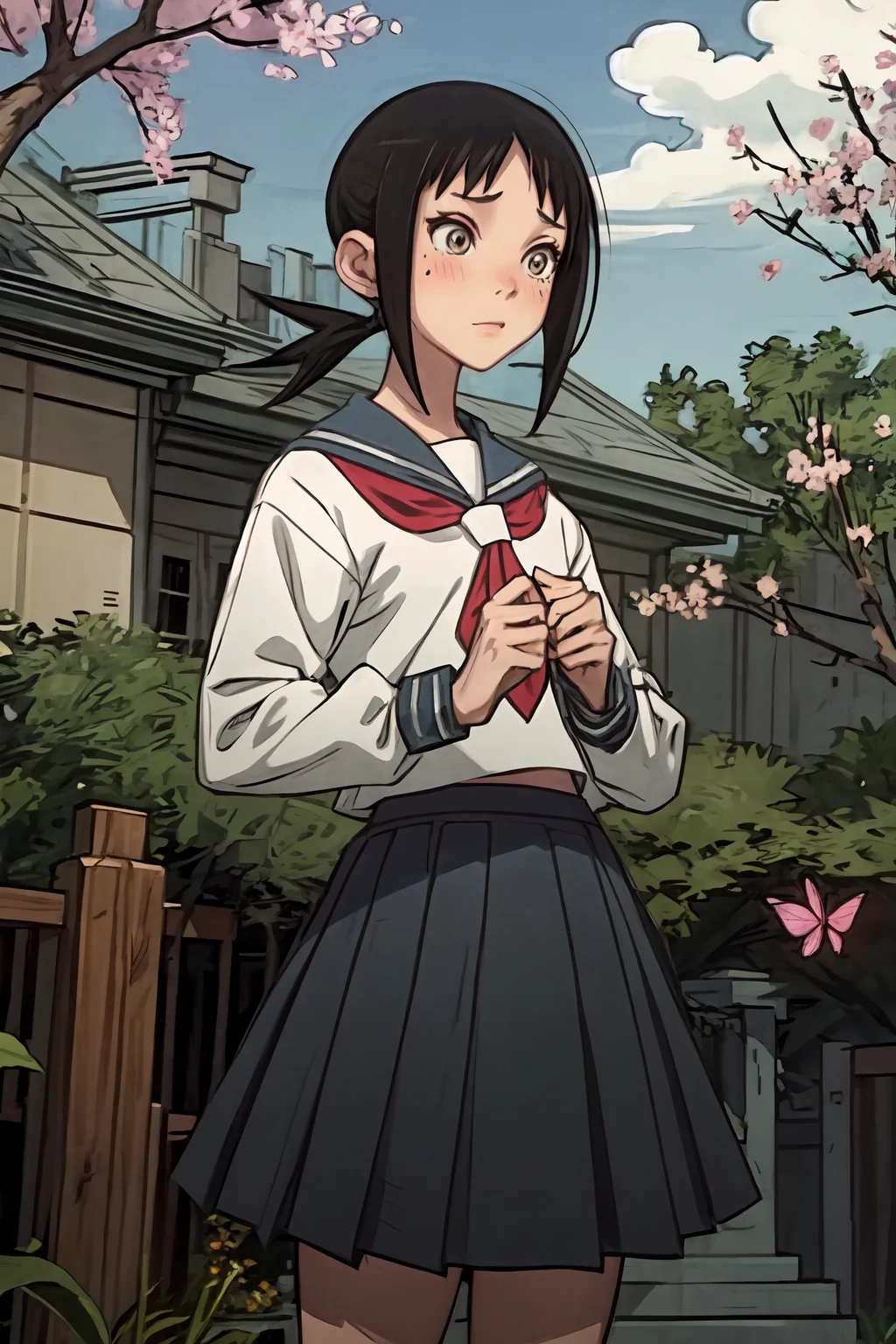 (masterpiece:1.2), ultra detailed, <lora:KagaAi:0.75>, Kaga, school uniform, very small ponytail, blue skirt,serafuku, garden, sakura, butterfly, persistent stare, blush, best quality, <lora:Adddetail:0.7>, (bilaterally symmetrical:1.3)