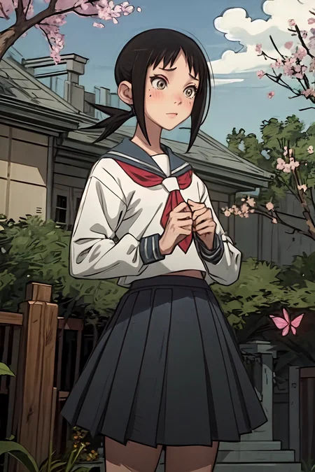 (masterpiece:1.2), ultra detailed, <lora:KagaAi:0.75>, Kaga, school uniform, very small ponytail, blue skirt,serafuku, garden, sakura, butterfly, persistent stare, blush, best quality, <lora:Adddetail:0.7>, (bilaterally symmetrical:1.3)