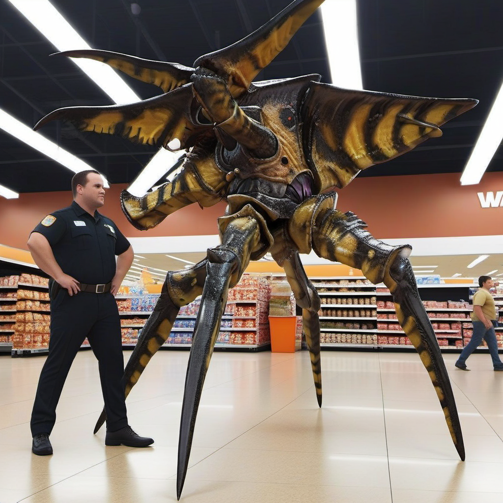 Starshiptrooper1024, a giant bug chasing a fat man in wallmart, full body, features intricate detail, detailed eyes, highly detailed, photography, ultra sharp, film, bokeh, professional, 4k  <lora:Starshiptrooper1024:0.8> <lora:add-detail-xl:2>