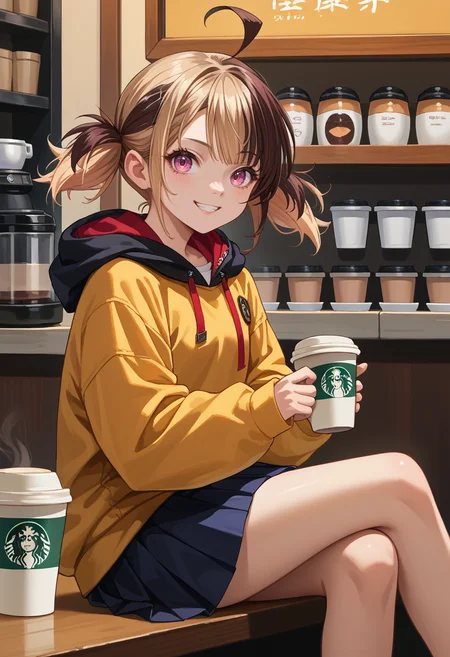 score_9, score_8_up, source_anime, 1girl, solo, GigiMurin, multicolored hair, short twintails, ahoge, sitting, coffee shop, hoodie, pleated skirt, smile, <lora:ChamGigiMurinPonyXL:1>