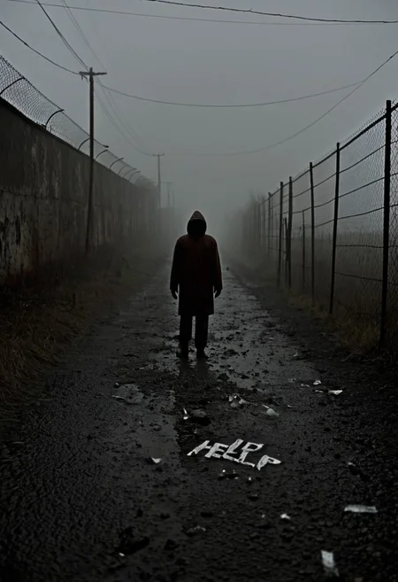 Fog-choked abandoned alley in a decaying town, cracked asphalt covered in wet newspapers and broken glass, flickering neon sign "HELP" in the distance, rusted chain-link fence vibrating unnaturally, silhouette of a distorted figure lurking in the mist, heavy grain film effect, muted colors with occasional blood-red accents, cinematic wide-angle shot, photorealistic textures, 8k, by Masahiro Ito and Roger Deakins, Silent Hill 2 ambiance