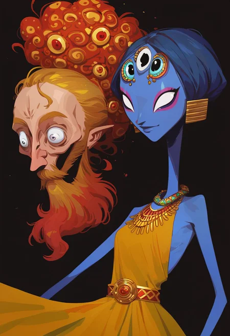 score_9, score_8_up, score_7_up,  hindu god dancing in the swirling cosmos, wild dance kicking and flailing, radiating their awesome godlike might, strange man, beautiful full beard, big eyes, dark blue skin, white eyes, golden jewelry, a belt of skulls, a necklace of severed bloody heads,( inhumanly thin:1.1)
