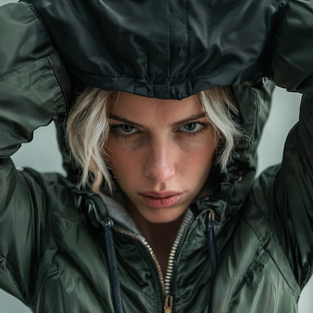 photography, cinematic, an image of a woman looking down at the camera and a jacket over her head, highly detailed <lora:style_lora_realis:0.8>