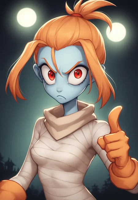 score_9, score_8_up, score_7_up, score_6_up, score_5_up, score_4_up, source_anime, BREAK, cartoony, masterpiece, best quality, detailed background, 8k, 1girl, solo, Mel, blue skin, colored skin, red eyes, big eyes, orange hair, ponytail, topknot, white bodysuit, bandages, orange gloves, pointing at viewer, angry, breasts, dark background, outdoors, night, dim lights, green lighting, half body, staring at viewer, exaggerated pose