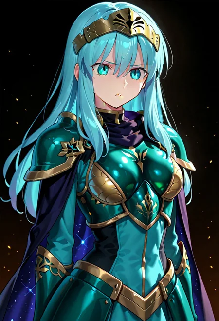 score_9, score_8_up, score_7_up, ((solo)), calm, pout, closed mouth, 1girl, solo, (medium breasts, thin waist, wide hips), peaceful, closed mouth, adult, (((eirika face))), (((cyan hair, cyan eyes))), ((long hair, hair between eyes)), (((indigo cape, metal headband, green metal_uniform, metal breast_armor))), no background, dark background, cowboy shot, dark background, portrait, Expressiveh,