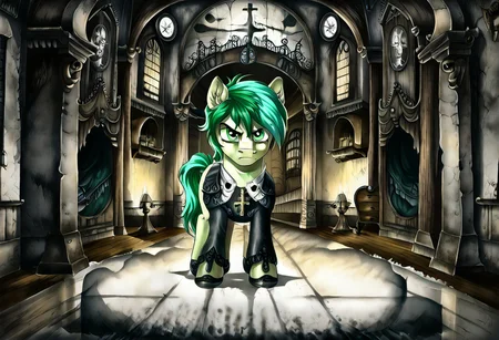 Sandbar as a paranormal investigator, score_9, score_9, score_8, score_up_9, score_up_9, solo, detailed, handsome, rating_semi_grimdark, (male earth pony), (pale light grayish spring bud fur), (light cyan and moderate opal hair), (light sea green eyes), (full-body black clothes, cross necklace, saddlebags, and quiet shoes), sandbar, holding a flashlight on the mouth, abandoned house setting, night, Victorian Architecture, indoors, guest room, broken furnitures, wooden floor, broken floors and walls, grandfather clock, gloomy, eerie, fog, scared, determined face, calm pose, bloodstain, horror_(theme), full-body shot, front view, watercolor painting, natural lightings, digital painting, g4, CR33P1NGF0G,<lora:add_details>, <lora:add_scenery>