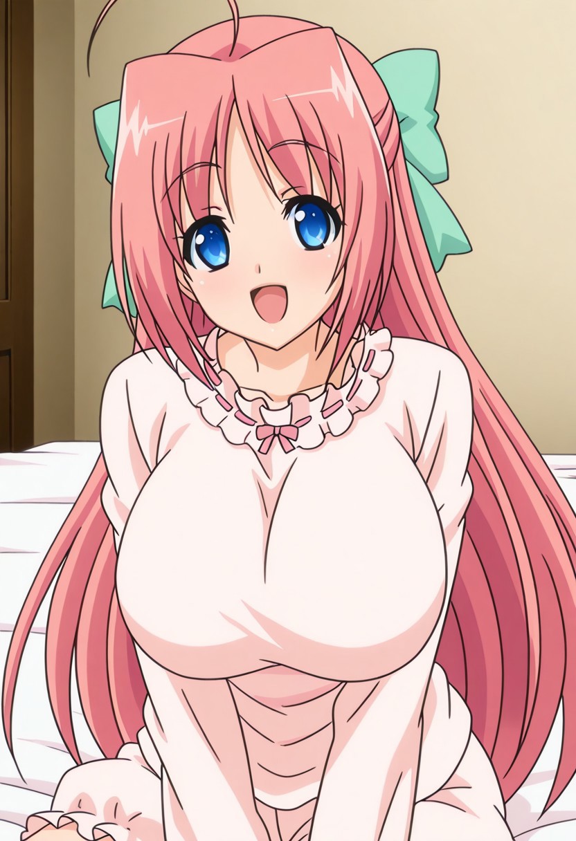 miya akino oppai heart anime style, pink hair, long hair, half updo, hair bow, green bow, ahoge, blue eyes, huge breasts, BREAK, akino's pyjama outfit, pink pajamas, ribbon-trimmed collar, long sleeves, frilled sleeves, pink bloomers, BREAK, 1girl, happy, bedroom, looking at viewer, BREAK,