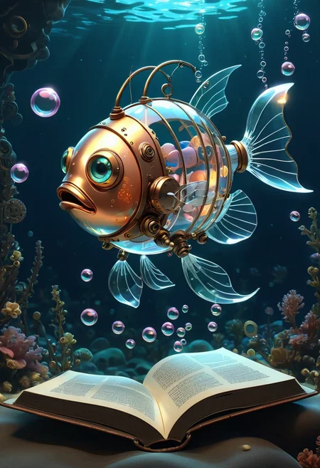 pixar style of a transparent mecha ((fish)), steampunk, cute, luminous, in the ocean, reading a magic book , bubbles, sad, high detailed, photorealistic, 8k