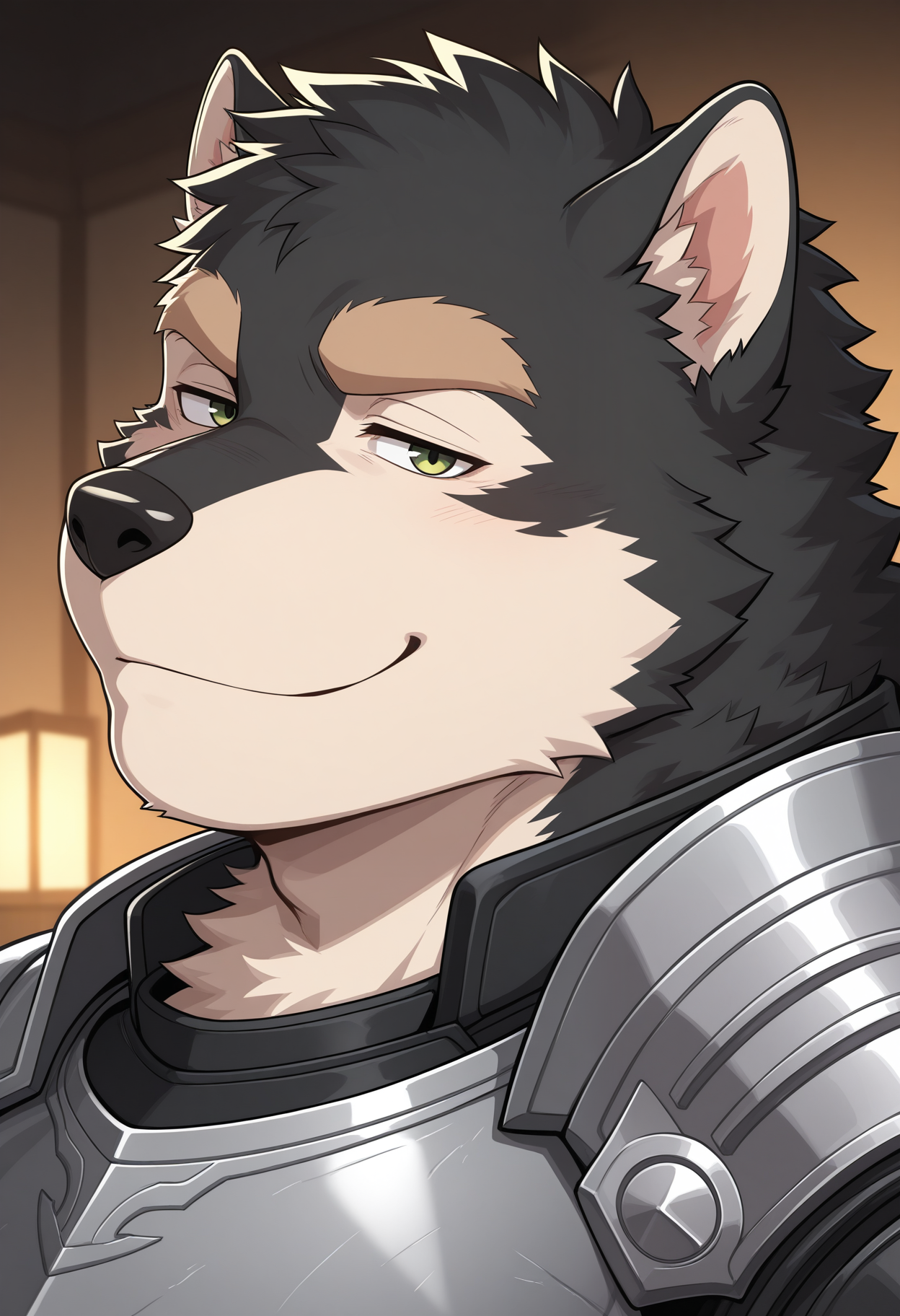 masterpiece,best quality, amazing quality, 1boy, solo, ly0n, dog male, multicolored fur, green eyes, breastplate, close up, side angle, smirk,