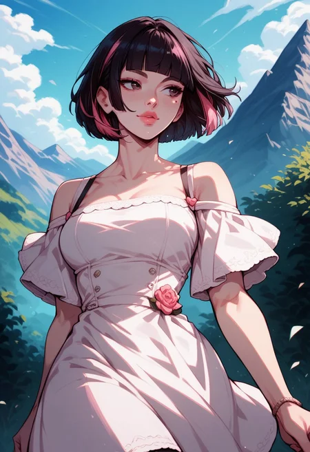 score_9, score_8_up, score_7_up, score_6_up, 1girl, Sarah, SarahRH, short black hair, bob cut, straight hair, blunt bangs, dyed bangs (pink), (pink) streaked hair, dark eyes, cute face, beautiful lips, medium breasts, curvy, large hips, pale skin, mole under her eye, moles on her body, h4ruk4m1, cute dress, (red-white) dress, windy, outdoor, mountains landscape, walking, looking away, cowboy shot, perspective