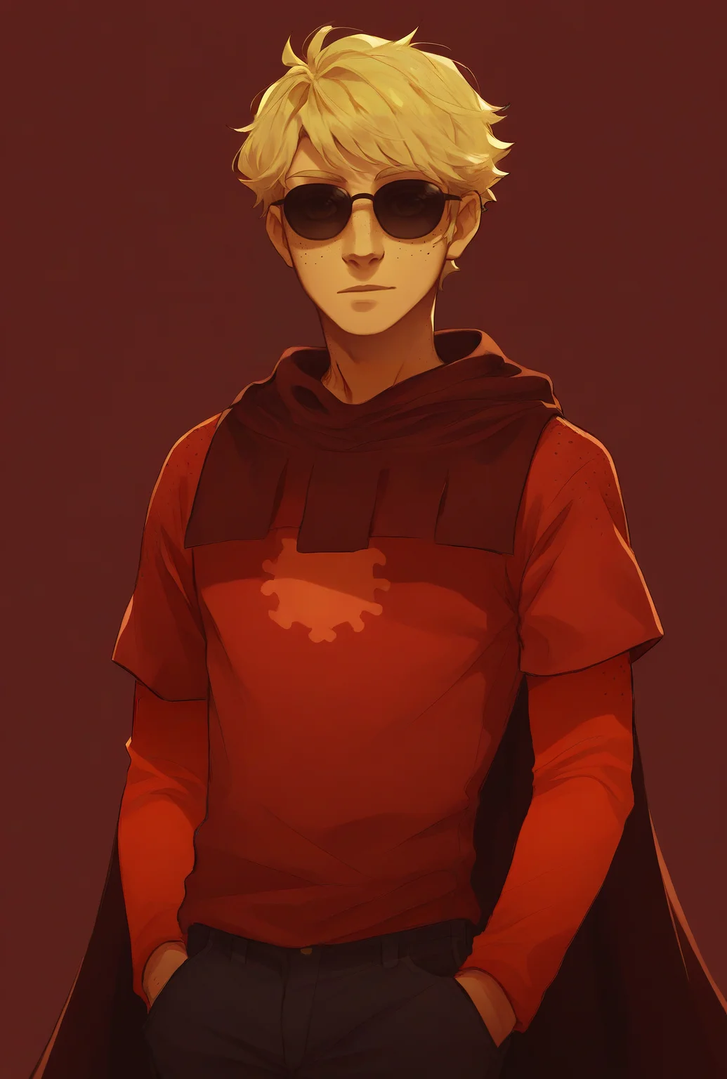 , score_9, score_8_up, score_7_up, masterpiece, , line art, portrait, anime,, detailed, <lora:Expressive_H:0.45> Expressiveh, , , <lora:Dave_Strider:0.8>, dave strider, blonde hair, sunglasses, freckles, male, 1boy, godtier, cape, red shirt, pants, simple background, dark red background,