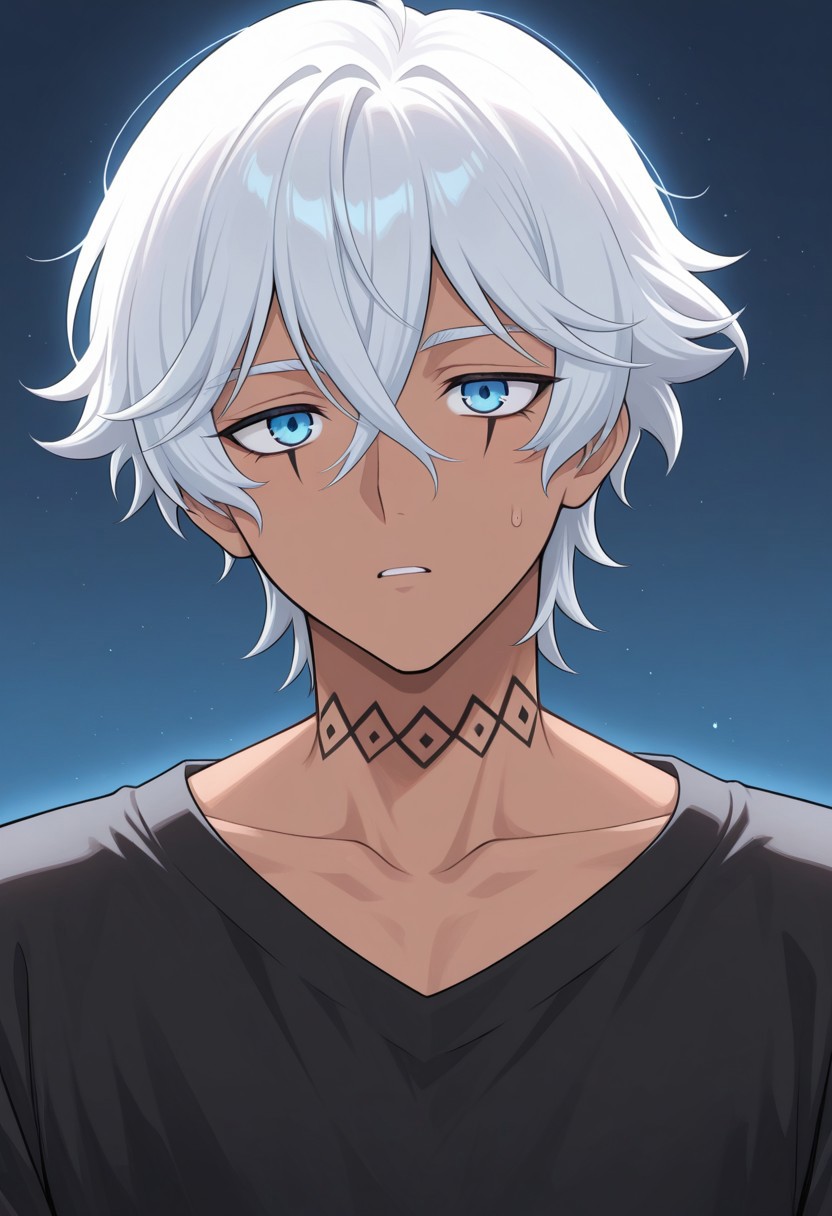 masterpiece,best quality,amazing quality, source_anime,
ifagimpa, 1boy, male focus, solo, dark skin, dark-skinned male, blue eyes, white hair, short hair, neck tattoo, collarbone, shirt, black shirt,