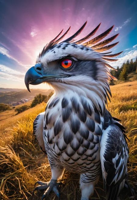 Psychedelic style (((Harpy Eagle: A massive eagle with striking black-and-white plumage and feathered crown.. These surreal scenarios are designed to be as bizarre and mind-bending as possibleâperfect for sparking creativity or imagining alternate realities!. with exaggerated expressions))). Dynamic Sports Freeze-Frame Shots: Capture athletes mid-action using burst mode combined with fast shutter speeds (1/2000s), freezing intense moments like kicks or dives perfectly crisp!. (dynamic:1.1),sun rays,
{(taken by 5mm fisheye lens:1.1)|(taken by 10mm fisheye lens:1.1)|(taken by 12.5mm fisheye lens:1.1)},
(Vivid, HDR, Canon50, 8K, Hyper Realistic, Dramatic, Epic, Dynamic Contrast, Cinematic Lighting, increased brightness, Zoomed Out, Far away Shot. Epic dynamic lighting , vibrant,highly detailed,psychedelic, Psychedelic, rainbow glow)
((Vivid, Epic, Dynamic contrast)) (((Zoomed out, Far away shot, In frame)), (((Cinematic)))
<lora:juggernautXL_version6Rundiffusion:0.8> <lora:crystalClearXL_ccxl:0.8>
<lora:rainbow_iris_v2:0.6> rainbow eyes <lora:EldritchCandids1.1.2:0.4> <lora:rundiffusionXL_beta:0.8> . Vibrant colors, swirling patterns, abstract forms, surreal, trippy