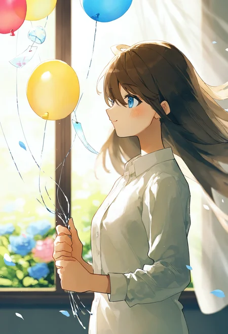 1girl,
solo, balloon, long hair, blue eyes, blush, brown hair, bangs, upper body, shirt, profile, petals, holding, blurry, from side, white shirt, closed mouth, blue flower, day, window, wind chime, smile, backlighting, small breasts, flower, indoors, curtains, looking away, breasts, hair between eyes, dress shirt, long sleeves, blurry background, holding balloon, sunlight, depth of field, collared shirt,
.
masterpiece, best quality, very aesthetic, absurdres
<lora:potgfornoob:0.95>