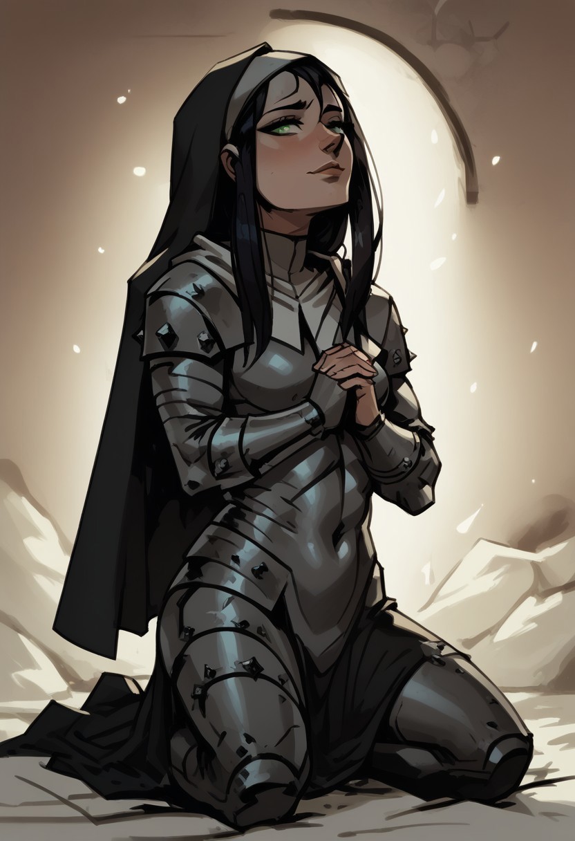 score_9, score_8_up, score_7_up, BREAK, erauso, 1girl, ponpu style, girl focus, green eyes, long hair, black hair, beautiful, dramatic lights ((Vestal. DDVestal. VestalDD, armor, hood, shoulder pads)),, nun, black habit, long sleeves, covered navel, kneeling, praying, bathed in a shaft of light