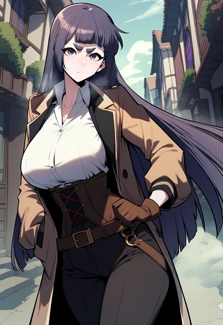 score_9, score_8_up, score_7_up, score_6_up, source_anime, rating_explicit, <lora:neg4all_bdsqlsz_V3.5:2.0>1girl, (solo:1.2), huge breasts, <lora:Andreaponyxl:1> long hair, purple hair, purple eyes, blunt bangs, hime cut, thick eyebrows, brown jacket, white shirt, collared shirt, belt, high-waist pants, black pants, glove, serious, Narrow shoulders, heavy breathing, steaming body, village, outdoors, looking at viewer