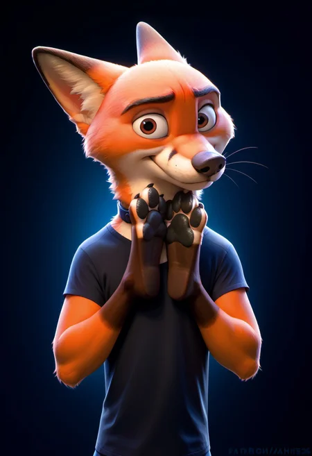 score_9, score_8_up, score_7_up, score_6_up, furry, manly, looking at viewer, seductive expression, male, attractive, attracted to the viewer, perfecteyes, black collar, minimalistic glasses, abstract background, bottom heavy, very short hair, thick black nose, digital art, realistic, (black nail), teal t-shirt, abstract background, zaush, source_furry, feet for hands, feethands, upper body shot, fox, Zootopia, solo, pants, tail black paw pads, brown eyes