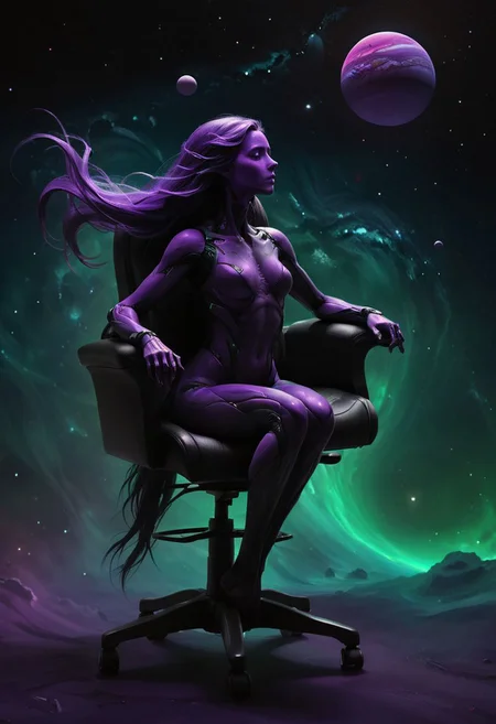 Capturing the essence of cosmic serenity and earthly vigor, depict a woman suspended in her office chair amidst the vast expanse of space. Her surroundings are a vibrant mix of colors, with deep blacks contrasting against vivid hues. In the distance, translucent planets in shades of purple and dark green add to the surreal atmosphere. Her long hair billows freely in the weightlessness of space, embodying a sense of boundless freedom and graceful motion.
deep Blacks, very detailed, atmospheric haze, Film grain, cinematic film still, shallow depth of field, highly detailed, high budget, cinemascope, moody, epic, OverallDetail, 2000s vintage RAW photo, photorealistic, candid camera, color graded cinematic, eye catchlights, atmospheric lighting, imperfections, natural, shallow dof
