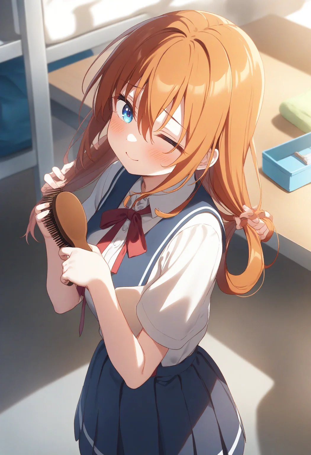 1girl,sincos, ningen mame, toosaka asagi,solo,medium breasts,school uniform,
brushing hair,hair brushing,hair brush,indoors, <lora:brushinghair_XL_v1:0.8>
from above, cowboy shot, looking to the side, orange hair, white eyes,sad smile, closed mouth, hair rings hair,,
best quality, very aesthetic, absurdres