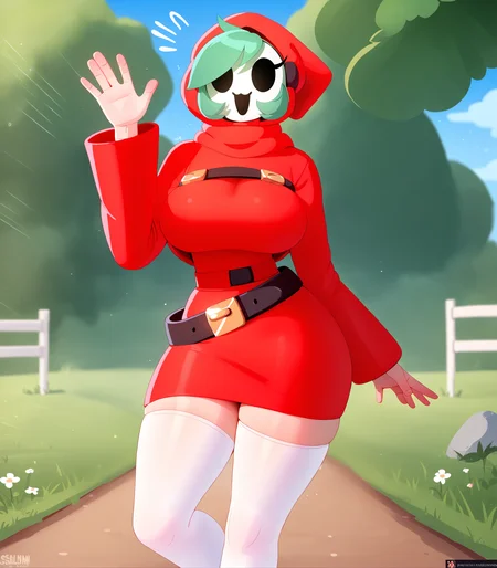 score_9, score_8_up, score_7_up, score_6_up, score_5_up, score_4_up, source_furry, smh, shyguy, mario \(series\), breasts, clothed, clothing, female, hood, legwear, light body, light skin, mask, not furry, simple background, solo, stockings, detailed background, outside, field, eyelashes, looking at viewer, belt, happy, running towards viewer, walking towards viewer, waving, waving at viewer, excited, happy, smile, open smile, ;o, simple face, simple mouth, waist belt, motion lines, emanata, big breasts
<lora:shyguy_pdxl:1>