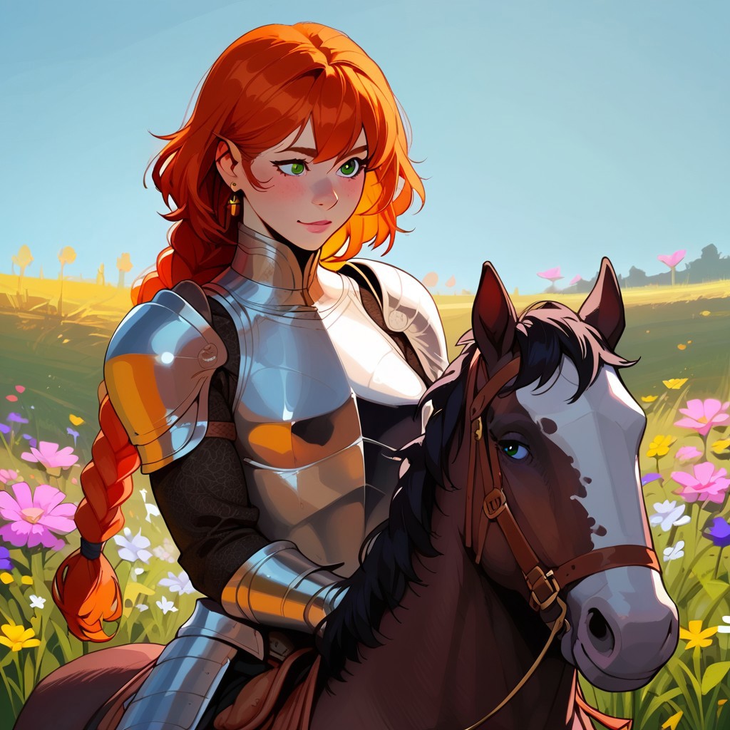 score_9, score_8_up, score_7_up, beautiful, stunning, fantasy, cutest girl in the world, 1girl, solo, (on horseback), horse, sitting, saddle, muscular, small breasts, pale skin, long hair, single braid, braided ponytail, orange hair, green eyes, armor, knight, BREAK outside, field, flowers
