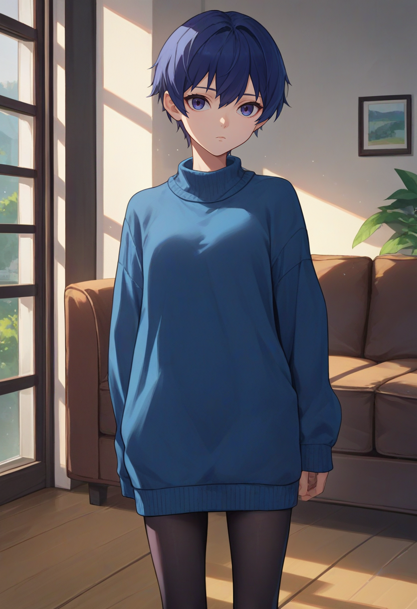 score_9, score_8_up, score_7_up, source_anime, solo, 1girl, naotornd, expressionless, looking at viewer, standing, blue sweater, sweater dress, black pantyhose, indoors, living room <lora:persona4_shirogane_ponyXL:1>