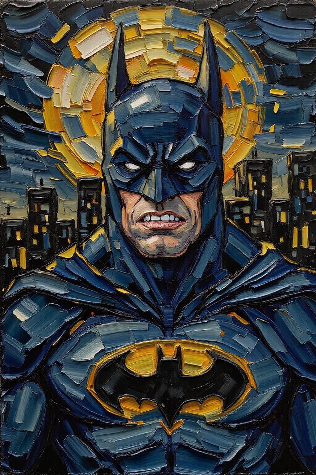impasto oil painting. 
Batman shouting angrily. Background is the bat signal on a dark night sky.  <lora:impasto_nocap_d6a3:1.0> <lora:Flux-Sch-SingleBlocks-BF16:1.0><lora:802459818578238976:0>