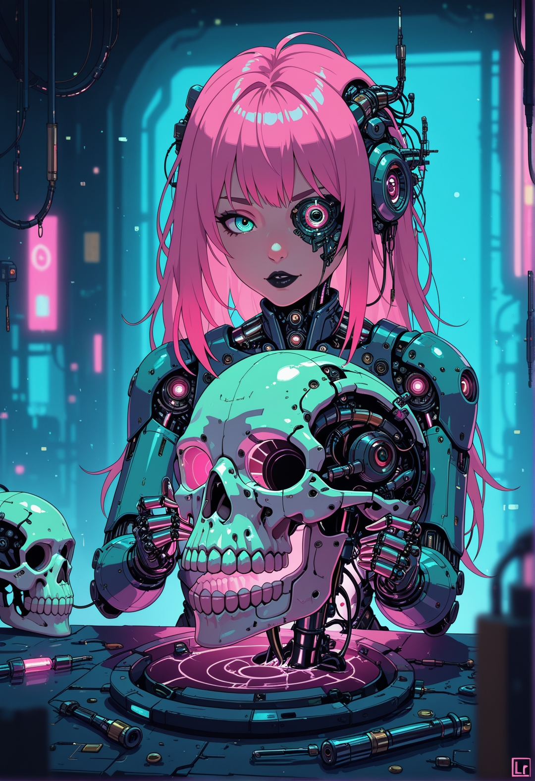 <lora:ck-nc-cyberpunk-IL-000011:1>,  masterpiece, best quality, good quality, very aesthetic, absurdres, newest, 8K, depth of field, focused subject, A half-body shot of a beautiful cyborg girl in her futuristic workshop. She has neon pink hair cascading down her shoulders, contrasting sharply with her black lipstick. The top of her face, from under the nose to the forehead, is removed like a mask, revealing a detailed mechanical skull underneath. With intense focus, she uses a glowing soldering iron to carefully repair the cracks on a detached skull, which rests in her other hand. Her exposed robotic eye glows a brilliant blue, illuminating the intricate cybernetic components beneath the skull. The workshop is cluttered with futuristic tools, wires, and neon-lit gadgets, all bathed in vibrant cyberpunk hue, electric pinks, deep blues, and fluorescent greens. The neon light reflects off her sleek metallic parts, casting dynamic shadows, while the scene radiates a blend of gritty industrial and high-tech futurism. The art style is highly detailed, in the vein of futurist anime, capturing the beauty of the cyborg girl and the mechanical complexity of her exposed skull, in the style of cknc