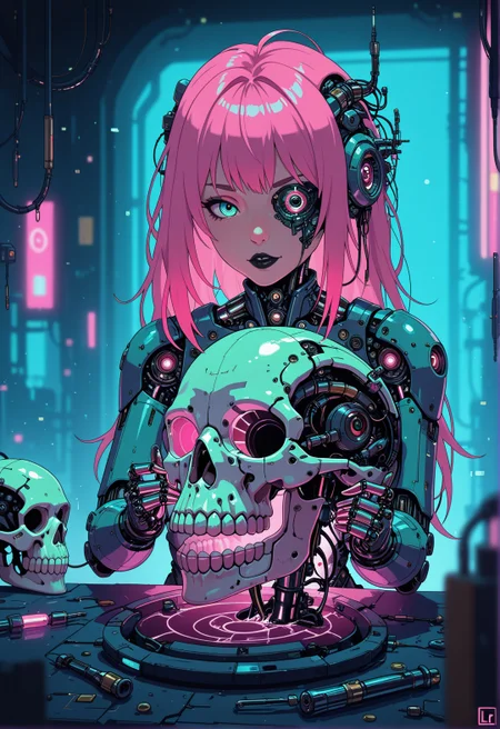 <lora:ck-nc-cyberpunk-IL-000011:1>, masterpiece, best quality, good quality, very aesthetic, absurdres, newest, 8K, depth of field, focused subject, A half-body shot of a beautiful cyborg girl in her futuristic workshop. She has neon pink hair cascading down her shoulders, contrasting sharply with her black lipstick. The top of her face, from under the nose to the forehead, is removed like a mask, revealing a detailed mechanical skull underneath. With intense focus, she uses a glowing soldering iron to carefully repair the cracks on a detached skull, which rests in her other hand. Her exposed robotic eye glows a brilliant blue, illuminating the intricate cybernetic components beneath the skull. The workshop is cluttered with futuristic tools, wires, and neon-lit gadgets, all bathed in vibrant cyberpunk hue, electric pinks, deep blues, and fluorescent greens. The neon light reflects off her sleek metallic parts, casting dynamic shadows, while the scene radiates a blend of gritty industrial and high-tech futurism. The art style is highly detailed, in the vein of futurist anime, capturing the beauty of the cyborg girl and the mechanical complexity of her exposed skull, in the style of cknc