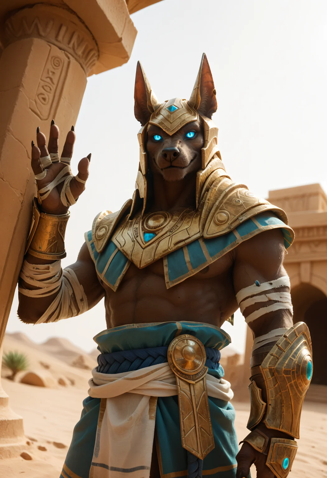 score_9, score_8_up, score_7_up, score_6_up, score_5_up, score_4_up, BREAK, nasuspdxl, 1boy, armor, helmet, bandages, loincloth, gauntlets, solo, male focus, simple background, cowboy shot, weapon, holding, looking at viewer, blue eyes, glowing eyes, no pupils, colored sclera, axe, holding weapon, desert, temple, from below, upper body, smile, waving, <lora:Nasus_-_League_of_Legends:0.75> <lora:Bing-based_FurScale_Enhancer:0.6>