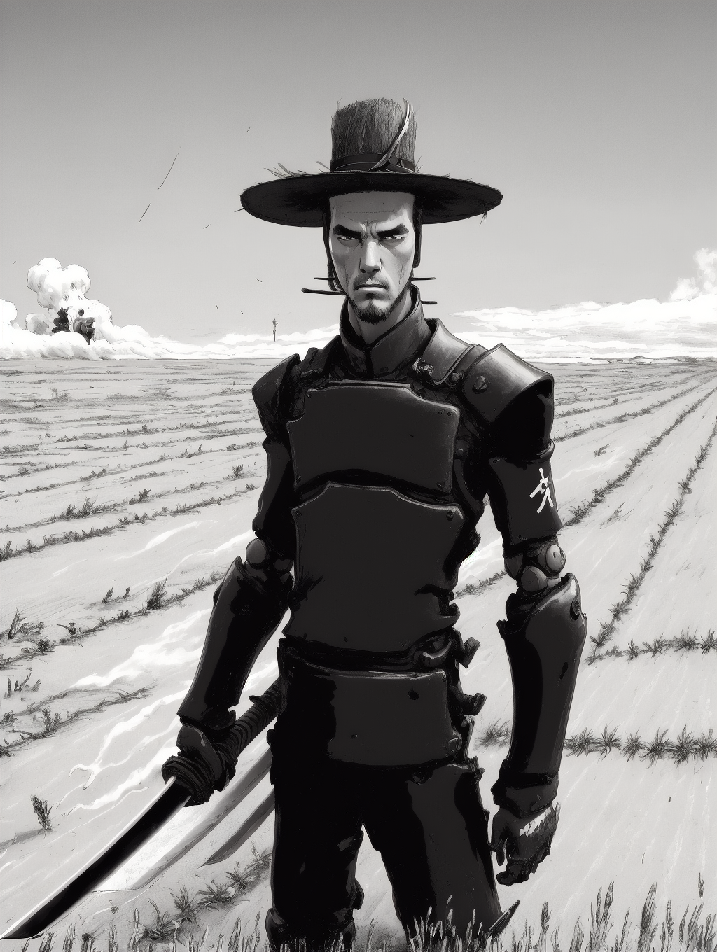 <lora:blame5:1>  blame, PORTRAIT, looking at viewer, full body view, smoke, battle scene, robot Samurai, wheat field, Japanese village, weapon, sword, sedge hat
