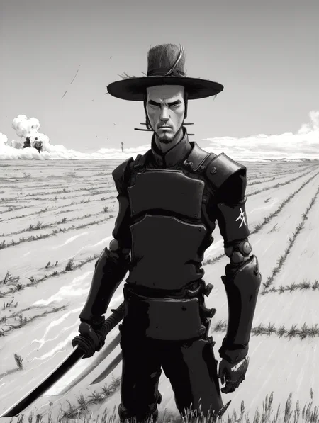<lora:blame5:1>  blame, PORTRAIT, looking at viewer, full body view, smoke, battle scene, robot Samurai, wheat field, Japanese village, weapon, sword, sedge hat