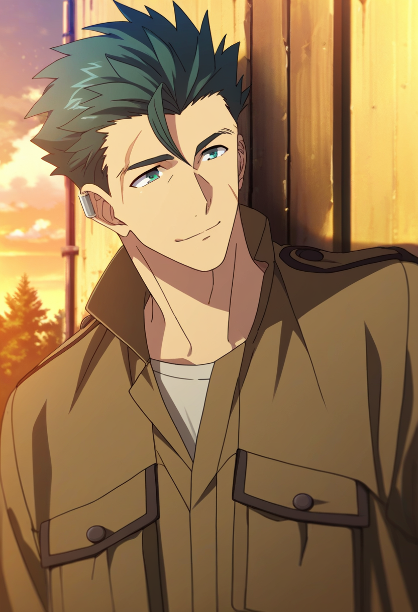 1boy, male focus,
 <lora:Character - 86 - Raiden Shuga:1> raidenshuga, green hair, green eyes, scar, ear piercing,
((zPDXL)), best quality, amazing quality, best aesthetic, absurdres, year2023, nsfw, game cg, official art, official style,  uncensored, anime screencap,
brown jacket, outdoors,  against wall, facing viewer, hand on wall,