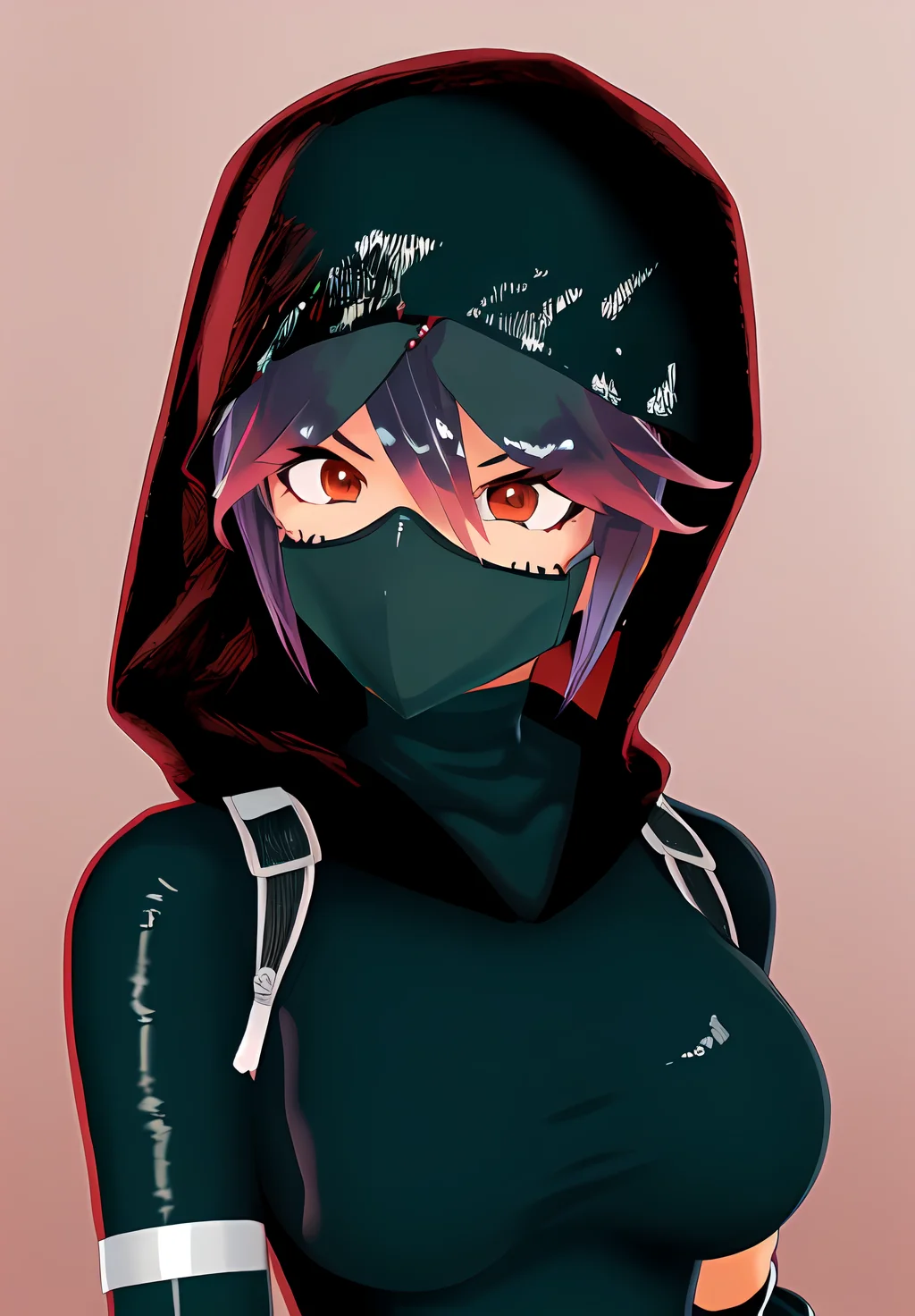 <lora:konoichi_hatsume:0.8>, konoichi_hatsume, 1girl, solo, ninja, bodysuit, fishnets, face mask, hood, (seductive, alluring, charming:1.3), (highly detailed, high quality:1.3)
