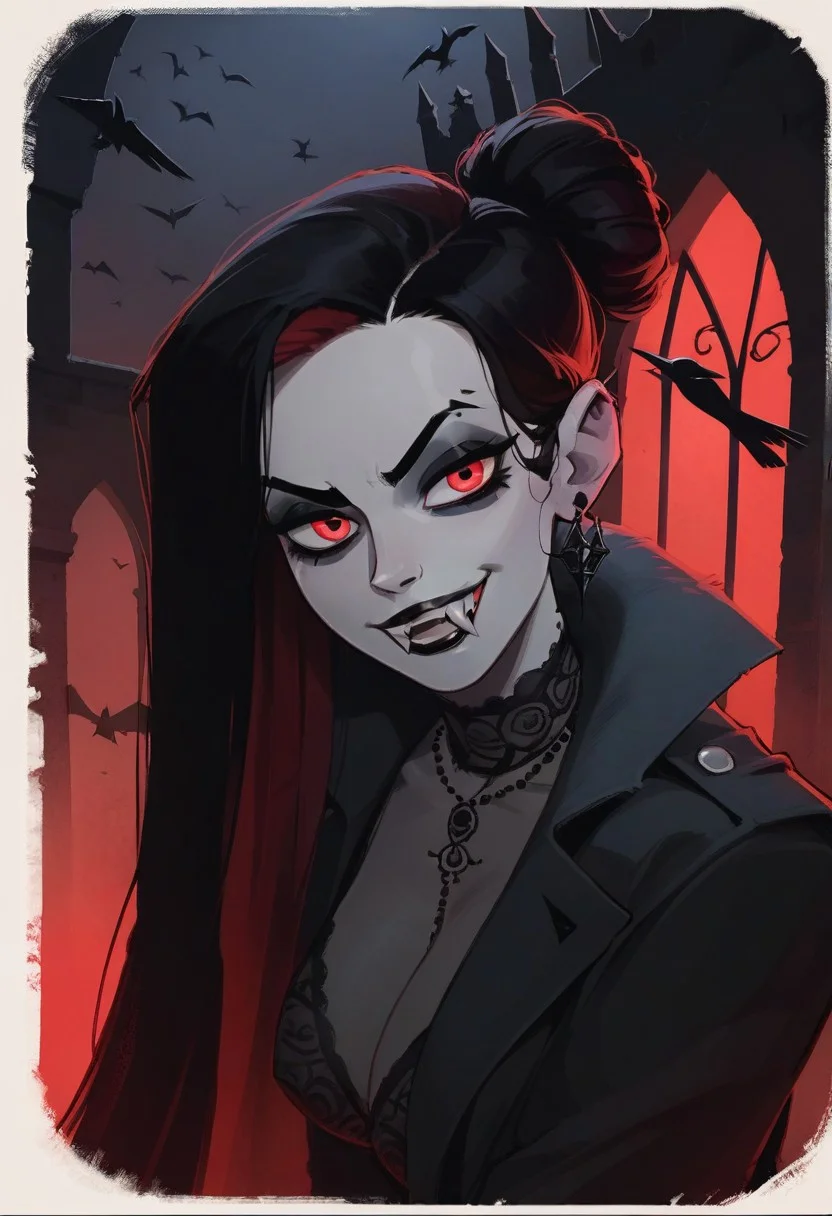 score_9, score_8_up, score_8_up, sexy woman, vampires, intricate outfit, bobcat hairstyle, black coat, fangs, smug, gothic atmosphere, crows, dark castle, outdoors, black colors, red colors, detailed background, simple shadows, flat coloring, flat shadows, thick lines, white outline,