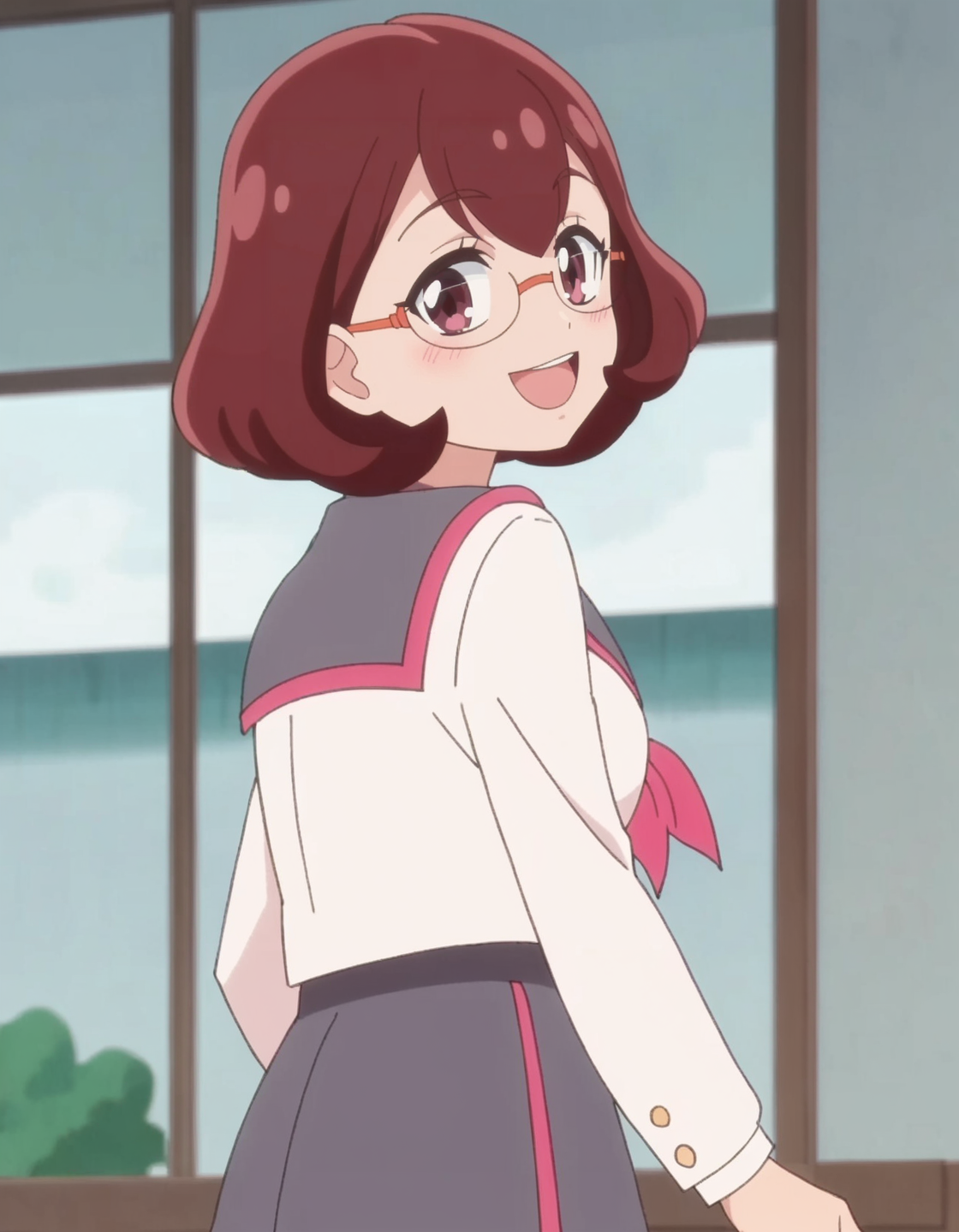 score_9, score_8_up, score_7_up, anime screencap, solo,1girl,higashinakamikoto, glasses, school uniform, smile, serafuku, skirt,  neckerchief, sailor collar,looking at viewer,,medium breasts,cowboy shot,blush ,from behind,open mouth<lora:higashinakamikoto_pony:0.8>
