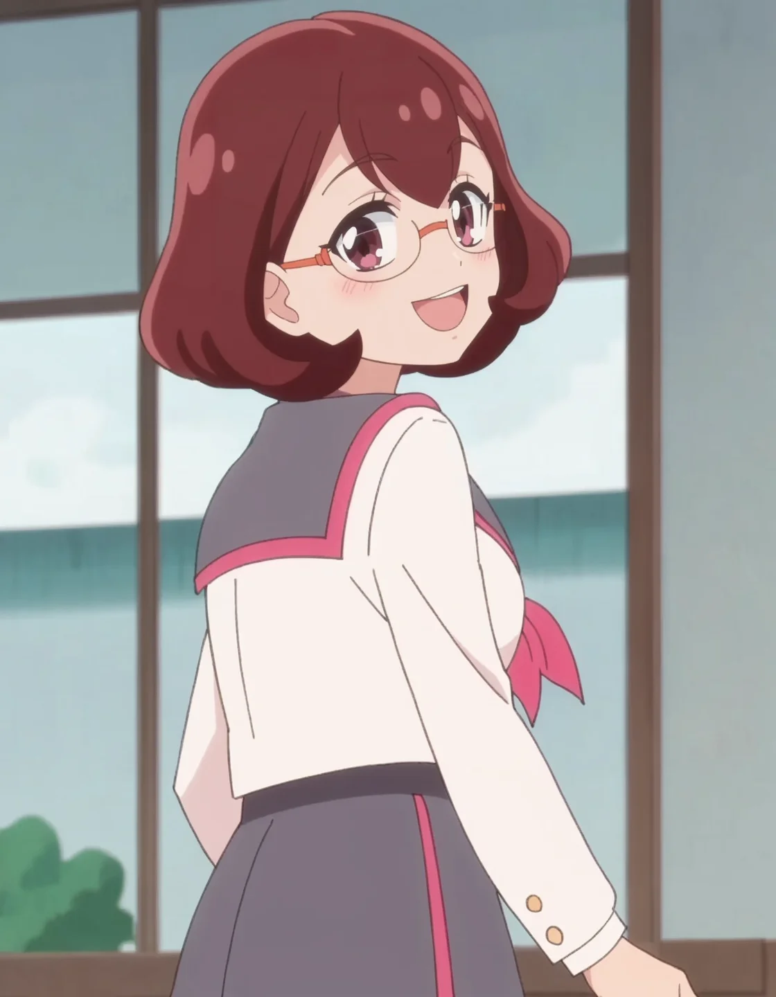 score_9, score_8_up, score_7_up, anime screencap, solo,1girl,higashinakamikoto, glasses, school uniform, smile, serafuku, skirt, neckerchief, sailor collar,looking at viewer,,medium breasts,cowboy shot,blush ,from behind,open mouth<lora:higashinakamikoto_pony:0.8>