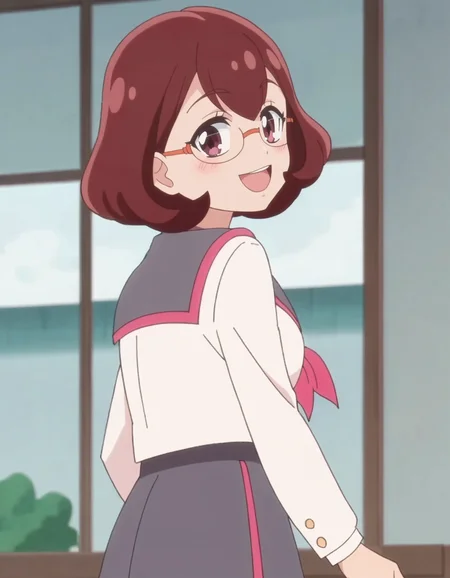 score_9, score_8_up, score_7_up, anime screencap, solo,1girl,higashinakamikoto, glasses, school uniform, smile, serafuku, skirt, neckerchief, sailor collar,looking at viewer,,medium breasts,cowboy shot,blush ,from behind,open mouth<lora:higashinakamikoto_pony:0.8>