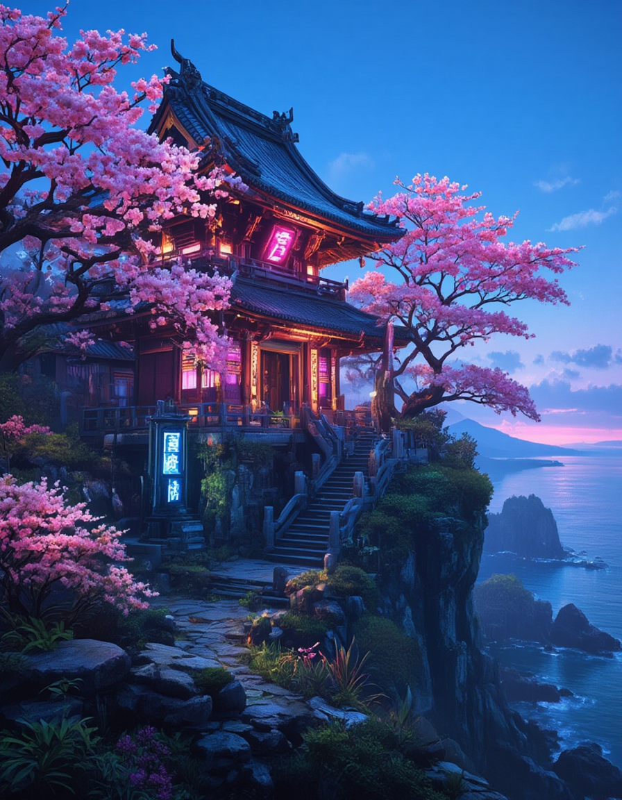 <lora:Cyberpunk_Temples_flux:0.8>  realistic photo, cyberpunk asian temple, neons, cherry blossom, glowing kanji, blue sky, sunny day, glowing flowers, vegetation, on a mountain, stairs, tree, sea