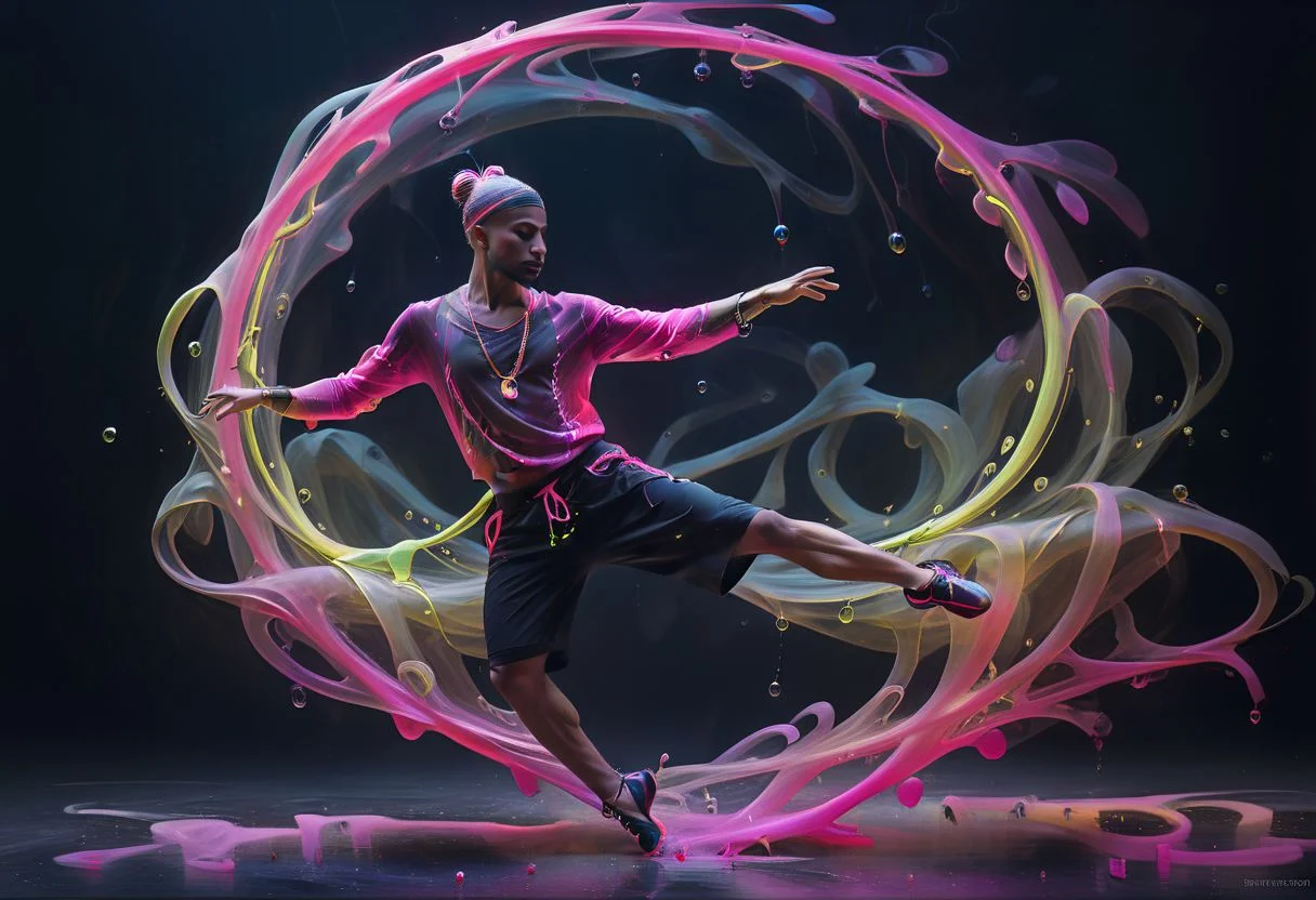 arttrdrm, Roots, Leaves, Trunk, Branches, male modern hip hop ballet, dancer in the dark with bubbles, neon highlights, motion photography, time lapse. Structured and layered geometries, sharp, hot pink, lazy lime, ocher, shorts, piercing, arabic, twirl, ring, white, black