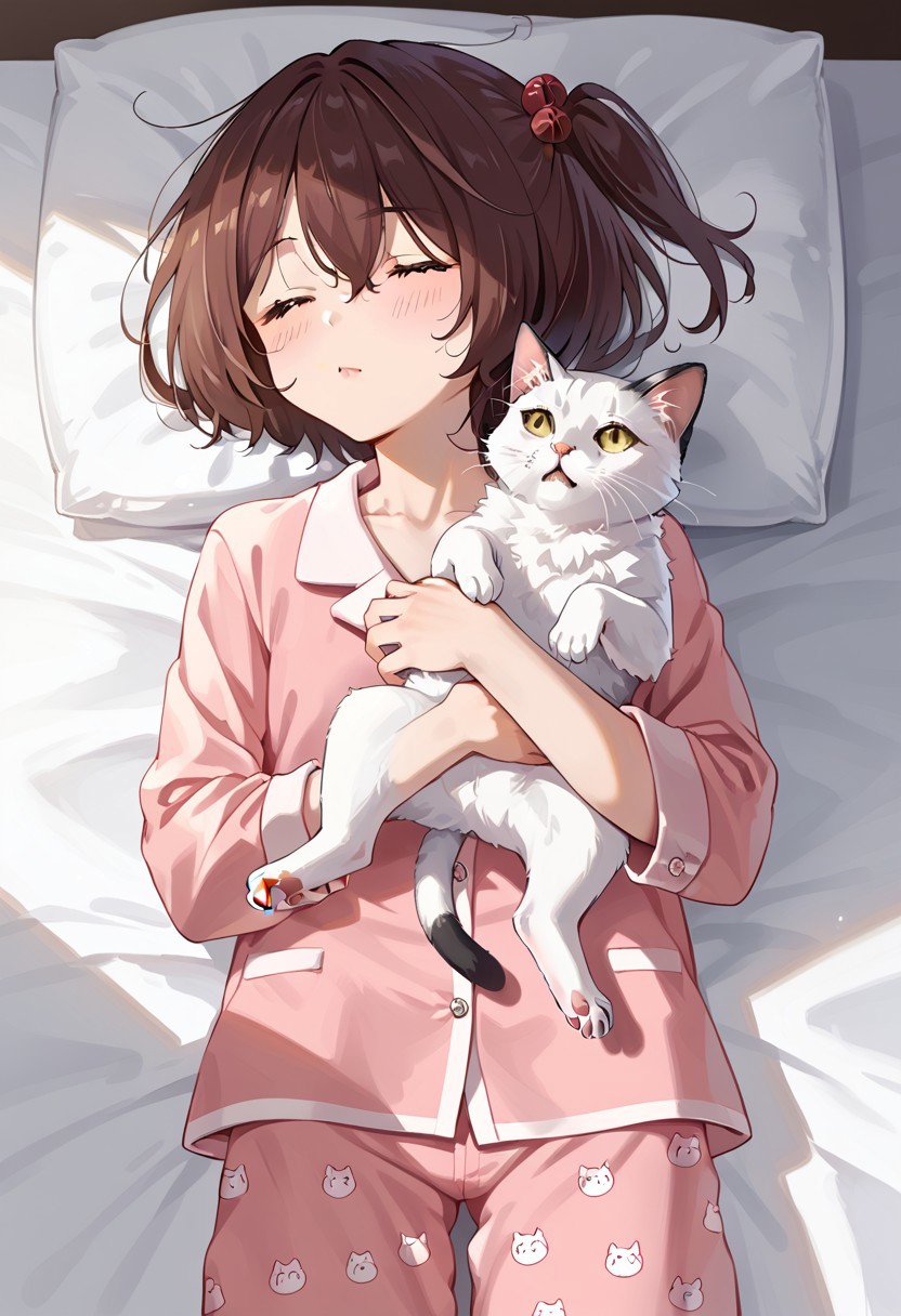 score_9, score_8_up, score_7_up, score_6_up, score_5_up, score_4_up, detailed eyes, detailed skin, source_anime, source_anime, masterpeice, best quality, very aesthetic, absurdres, BREAK, Komari_Chika, 1girl, yellow_eyes, brown_hair, short_hair, one_side_up, flat_chest, BREAK, pajama, pajama pants, BREAK, in bed, lay down, on back, lay in bed, sleeping, eyes closed, peacefully, cat, big cat, cuddling with cat, :3, sfw, rating save,